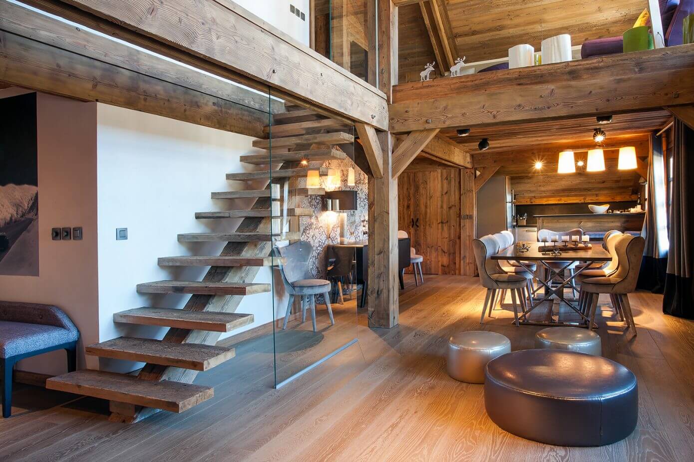 staircase apartment duplex rustic chalet refuge interior level floor second open stairs below fall enchanting going wooden space megeve kitchen
